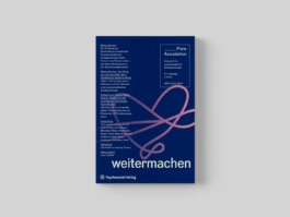 Buchcover der Zeitschrift „Freie Assoziation“ (Ausgabe „weitermachen“, Psychosozial-Verlag) mit abstrakten rosafarbenen Linien auf blauem Hintergrund.