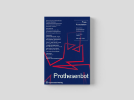 Buchcover der Zeitschrift „Freie Assoziation“ (Ausgabe „Prothesenbot“, Psychosozial-Verlag) mit abstrakten roten Linien auf blauem Hintergrund.