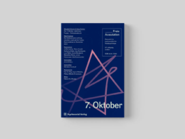 Buchcover der Zeitschrift „Freie Assoziation“ (Ausgabe „7. Oktober“, Psychosozial-Verlag) mit abstrakten rosafarbenen Linien auf blauem Hintergrund.
